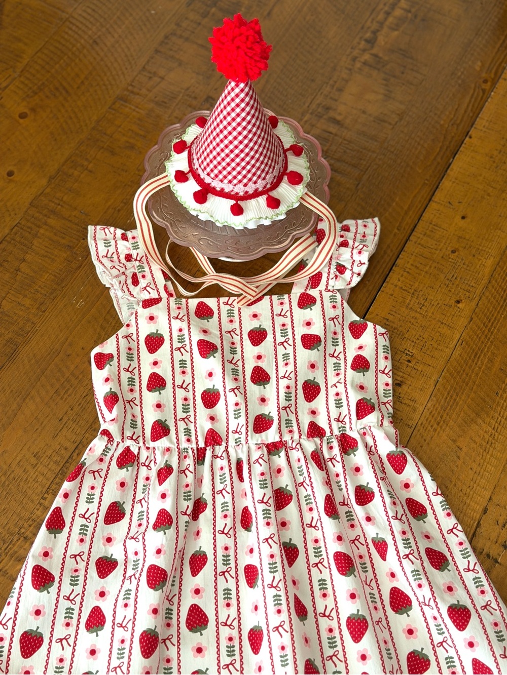 Birthday Party Dress/Sundress with Red Strawberry Print and birthday hat - Picture 1 of 16